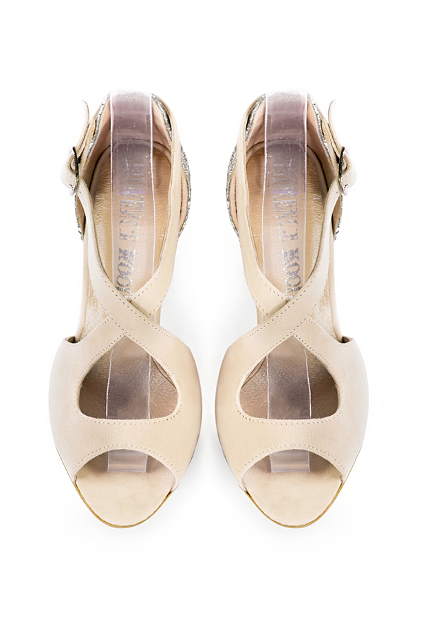 Champagne beige and light silver women's closed back sandals, with crossed straps. Round toe. High kitten heels. Top view - Florence KOOIJMAN